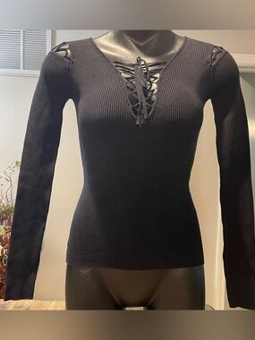 Cache Black Ribbed Lace-Up V-Neck Top with Shoulder Lace-Up Design, Size XS